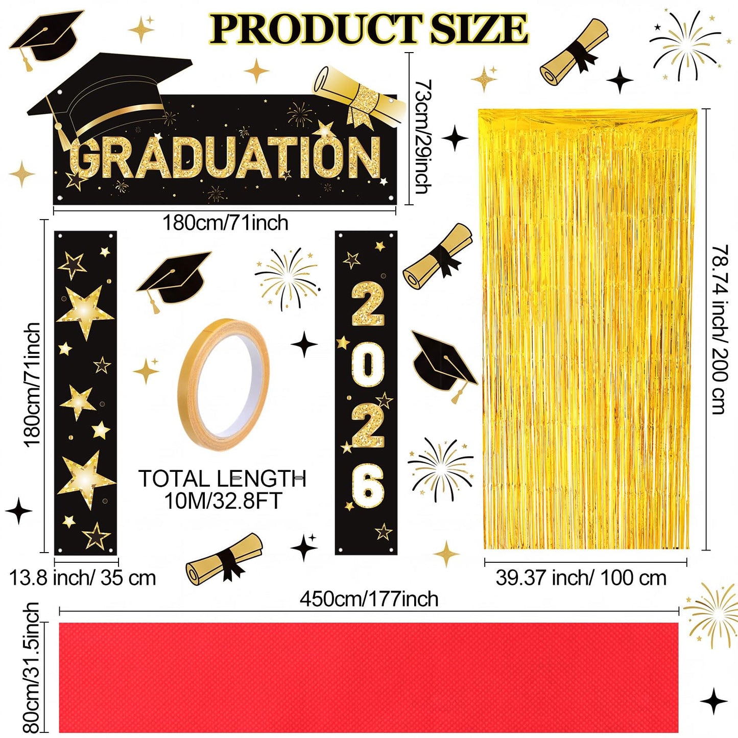 HunnmingRe 7 Pcs 2026 Graduation Party Decoration Include Class of 2026 Graduation Door Porch Banner, Gold Fringe Curtain, Red Carpet, Grad Photo Backdrop for College School(Red) BST202
