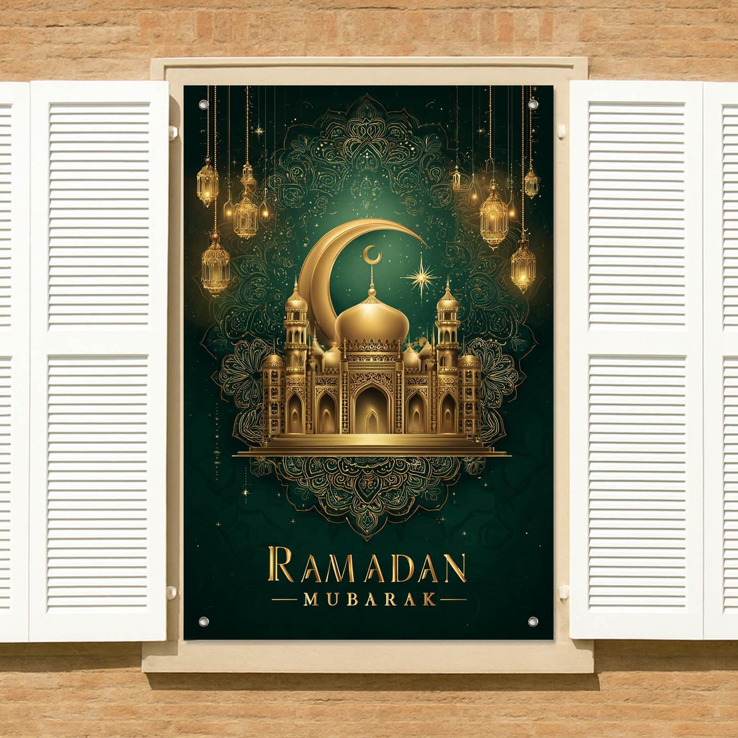 HOMETITUTE Eid Ramadan Window Banner Holiday Curtain Backdrop 31x47 Fabric | Mubarak Cover Festival Screen Windows Banner Hanging Living Room Bedroom Home Crescent Moon Star Pattern Design BST326H