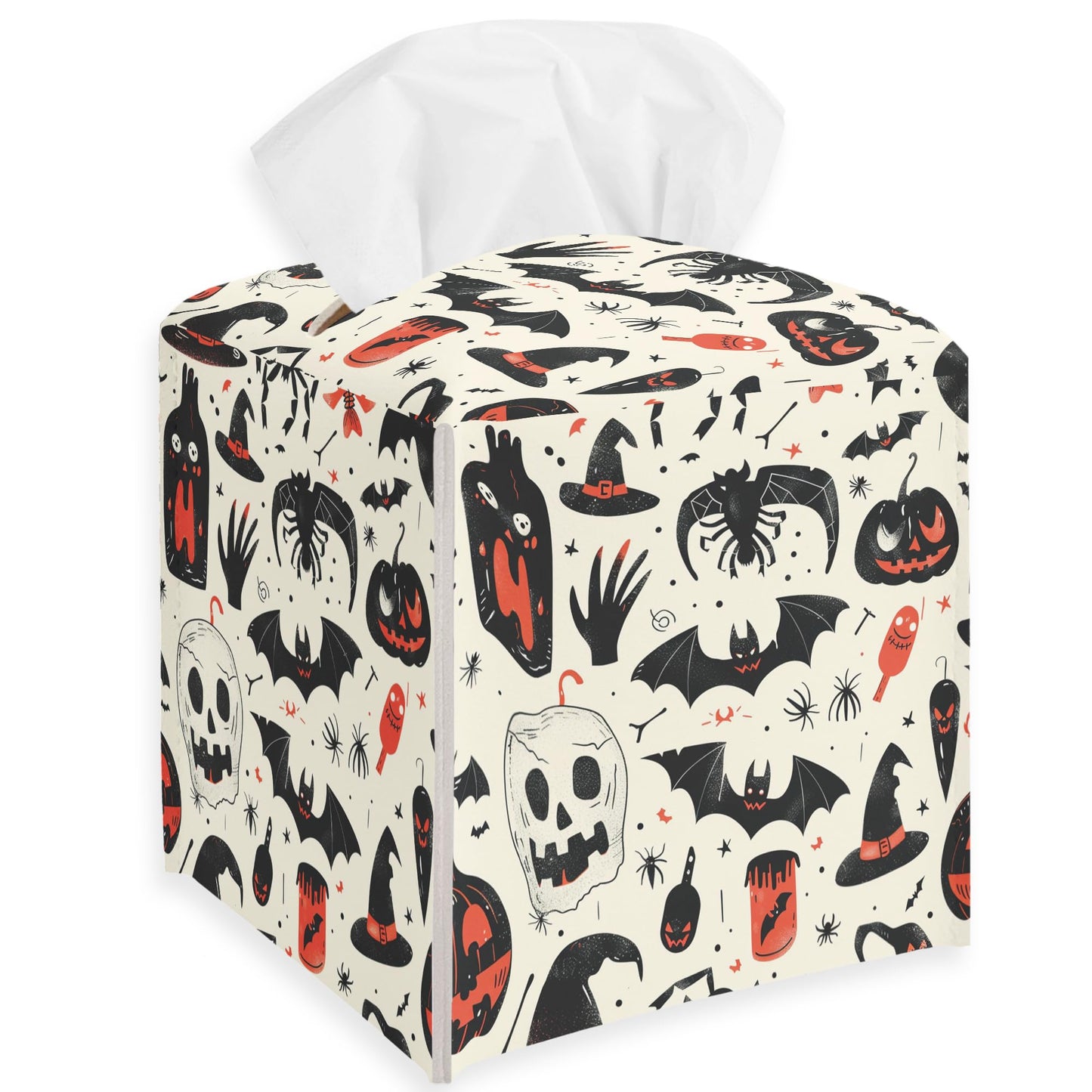 Spooky Tissue Box Cover Square - Ghosts & Bats Tissue Box Holder - Halloween Pumpkin Facial Paper Organizer Dispenser for Home Car Bathroom Office Bedroom Desk Tabletop Supplies & Decor - A11 BST220