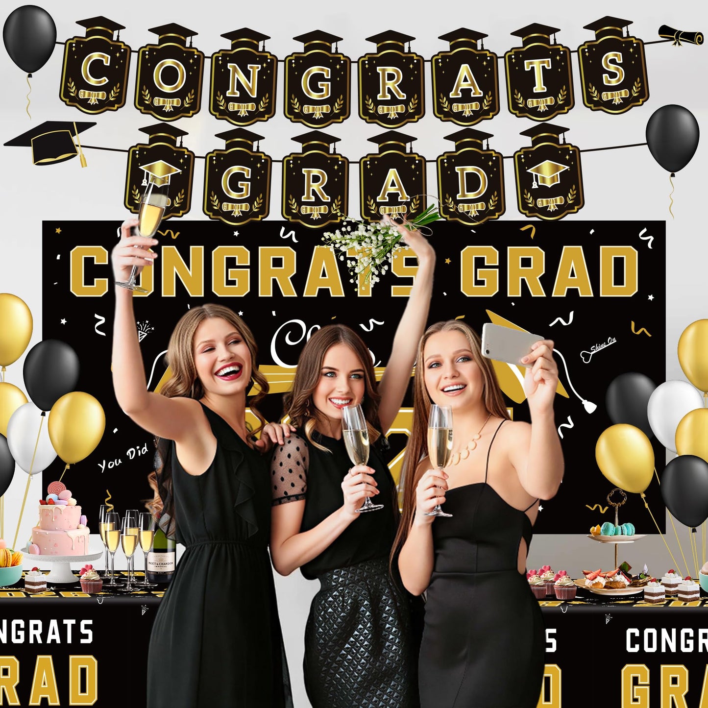 Graduation Decorations 2026 2027 - Red Congrats Grad Banner Backdrop Tablecloth Set - Graduation Decorations Class of 2026 | Graduation Party Favors Supplies WN420