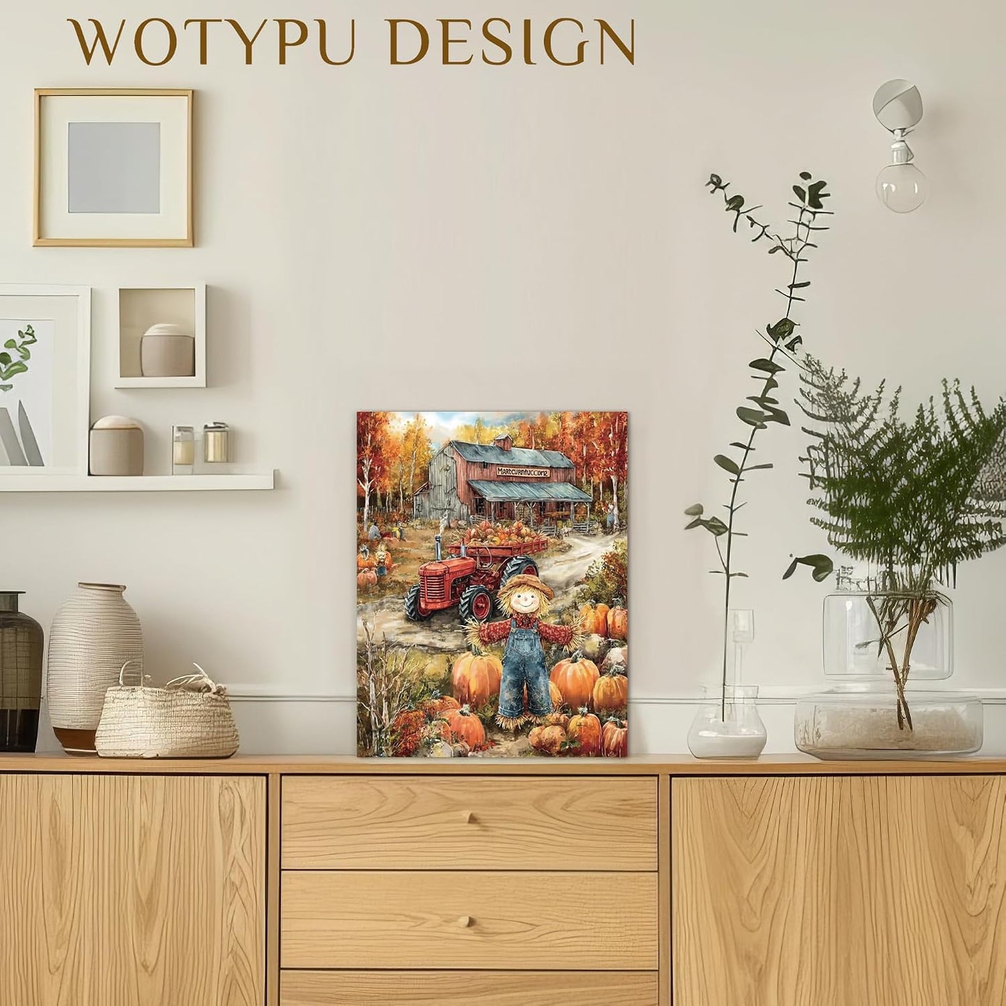 WOTYPU Fall Farmhouse Wall Art Decor, Farmhouse Fall Decor, Rustic Pumpkin Patch Scarecrow Truck Harvest Autumn Thanksgiving Framed Canvas Prints Poster Wall Decorations for Farm Home, 11x14 BST326H