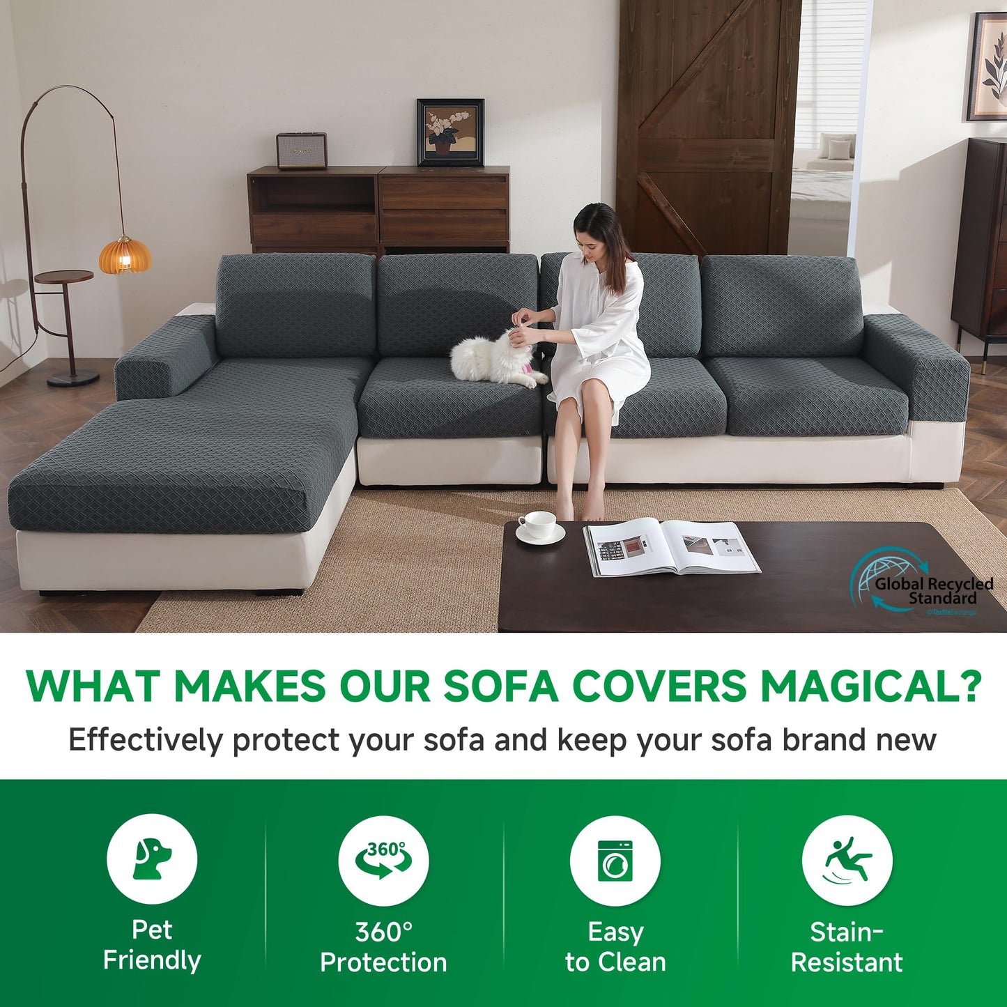 OHSIO Couch Cover, Stretch Sofa Cover, Soft Seat Cushion Covers Washable, Sectional L Shape Sofa Slipcover, Wear Stain Resistant Pet Friendly Furniture Protector for Home (1 Seat Cover L, Dark Gray) BST326H