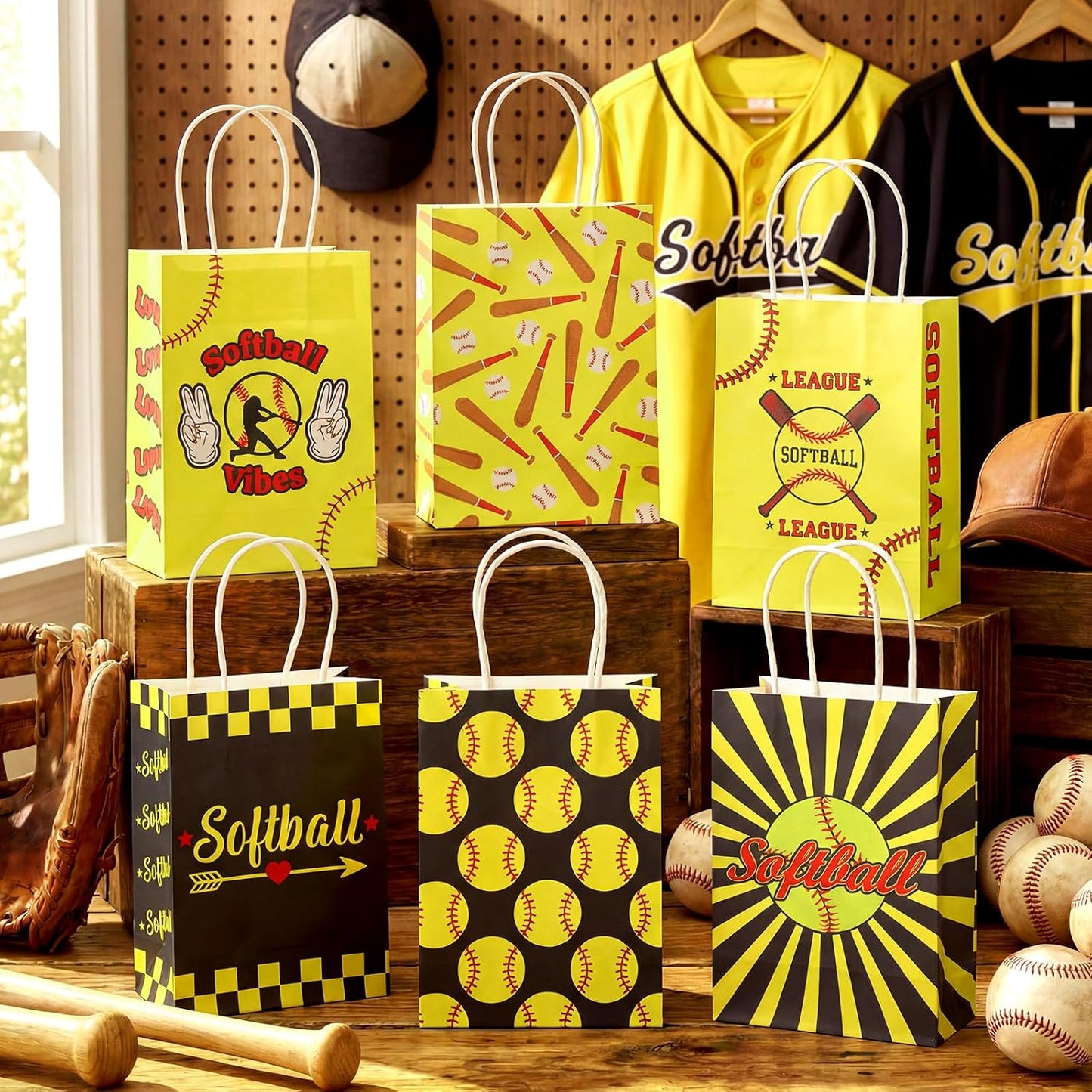 MotiMind 24 Pcs Softball Party Favor Bags Black Yellow Softball Themed Goodie Gift Wrapping Paper Bags with Handles Portable Sports Ball Candy Treat Pouch for Birthday Party Decorations Supplies BST326H