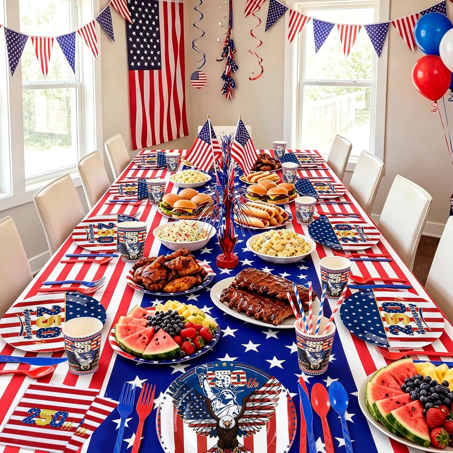 HOWAF 105pcs 4th of July 250 Years of Freedom Tableware Set, Patriotic USA 1776-2026 Anniversary Dinnerware for Independence Day, Fourth of July Party Decor, America 250th Birthday Party Supplies BST326H
