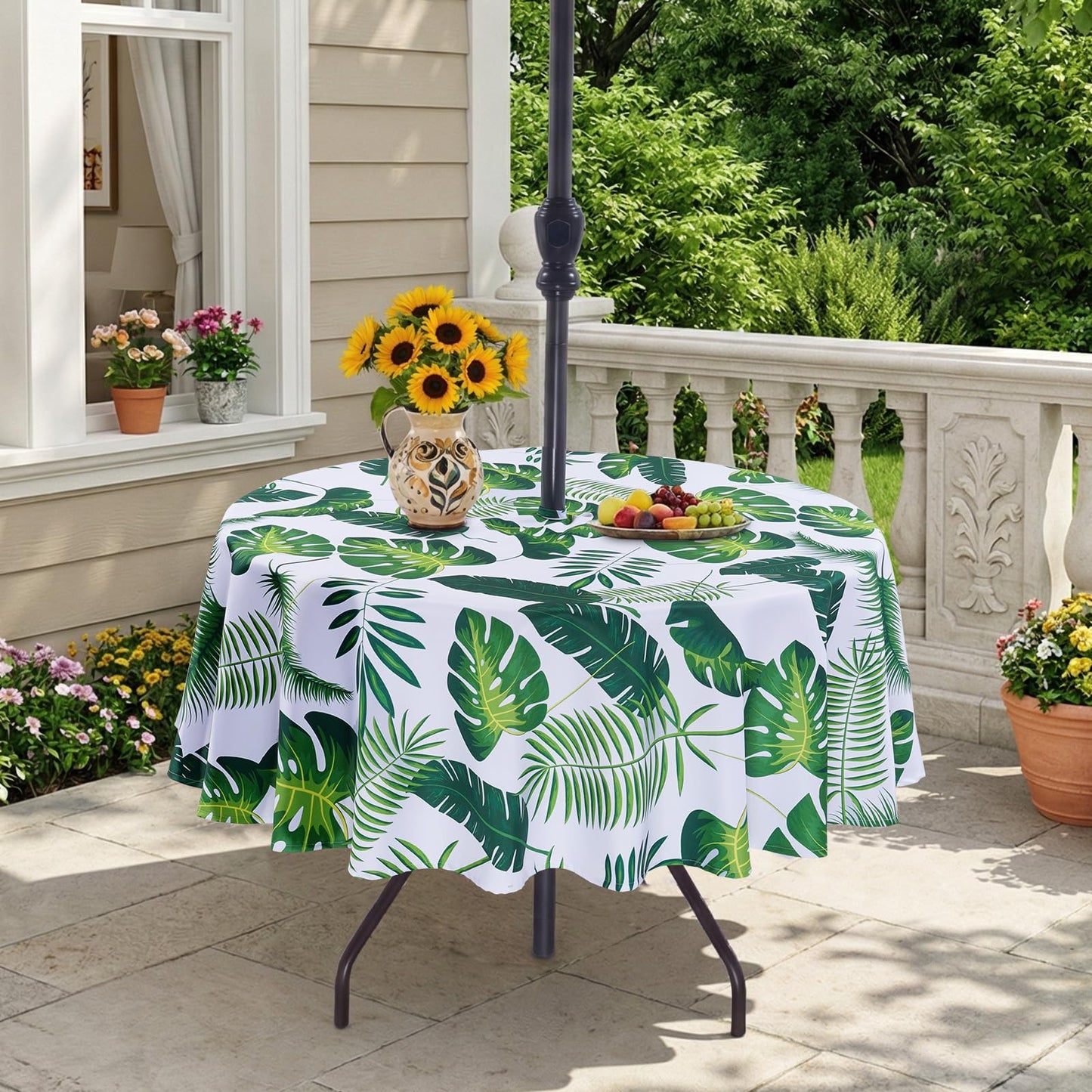 Eternal Beauty 52” Round Tablecloth Waterproof Outdoor Tablecloth with Umbrella Hole Zipper for Spring Summer Patio Picnic Tables (Tropical Palm Leaf) BST326H