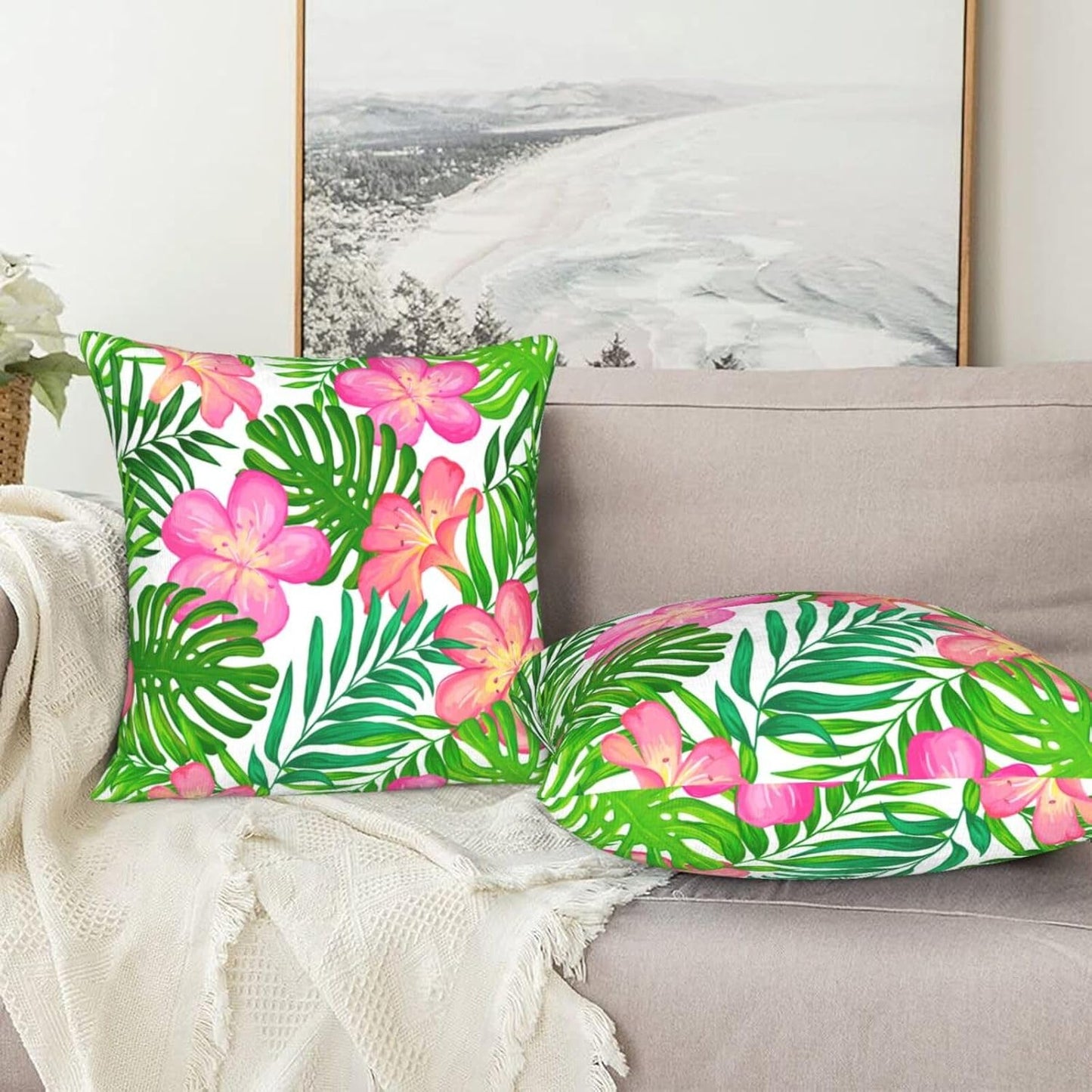 Plumeria Flowers and Palm Leaves Throw Pillow Cover 18x18 Inch Tropical Theme Decorative Pillow Cases Soft Throw Pillows for Living Room Bedroom Sofa Couch Cushion Cover Set of 2 BST220