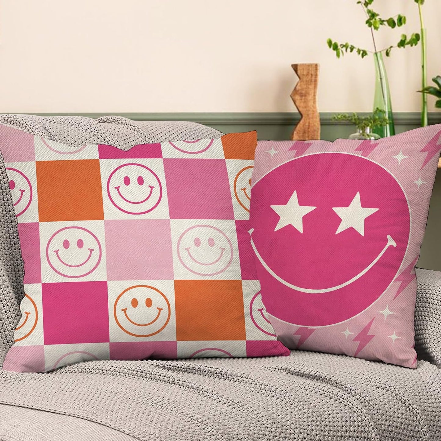 Groovy Smiling Face Inspirational Decorative Throw Pillow Covers | 20 x 20 Set of 4, Pink Hippie Smile Flower Porch Outdoor Home Decor, Motivational Quote Everything is Alright Couch Cushion BST202