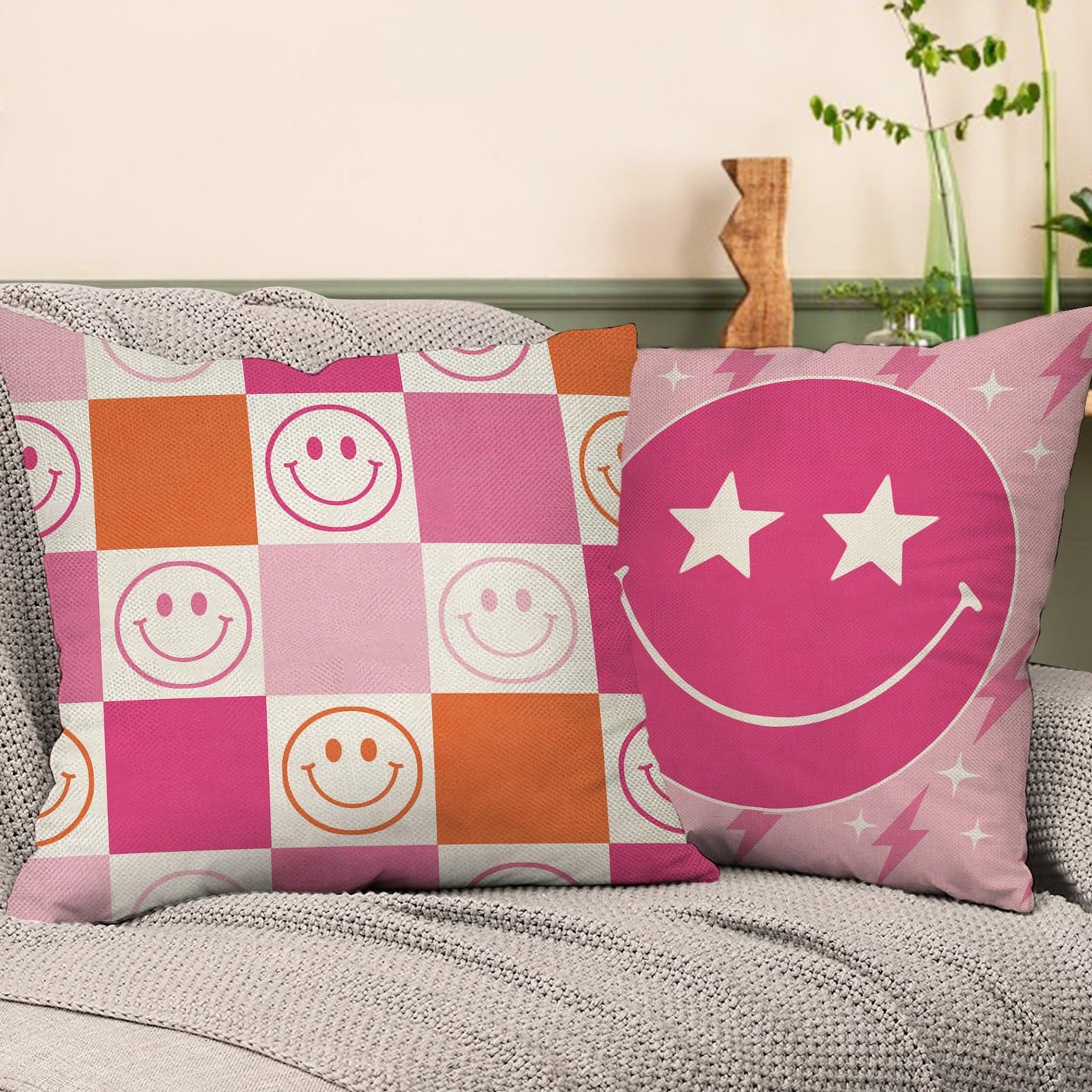 Groovy Smiling Face Inspirational Decorative Throw Pillow Covers | 20 x 20 Set of 4, Pink Hippie Smile Flower Porch Outdoor Home Decor, Motivational Quote Everything is Alright Couch Cushion BST202