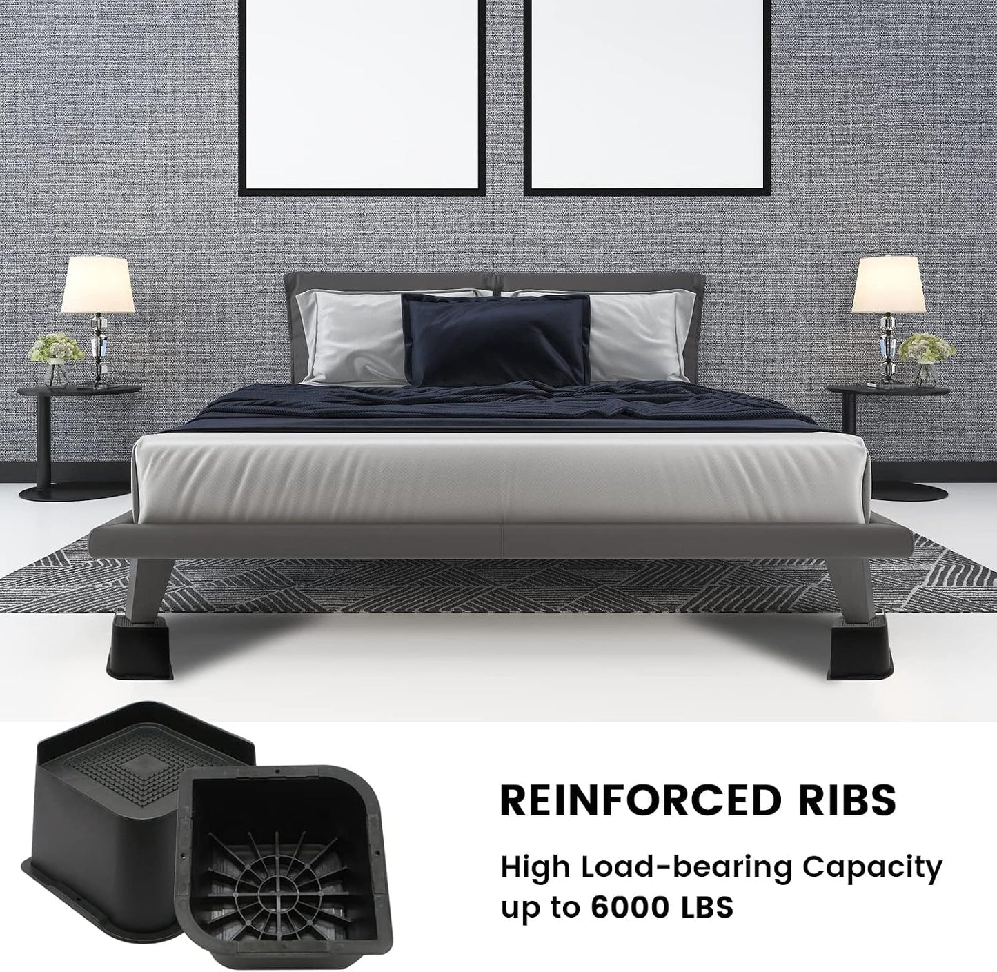 MYMULIKE Bed Risers Heavy Duty, Oversized Furniture Risers, Support Up to 6000 Lbs, Lift 3 inch for Couch, Sofa, Table,Chair (Black 6 Pack, 4 inch) BST202