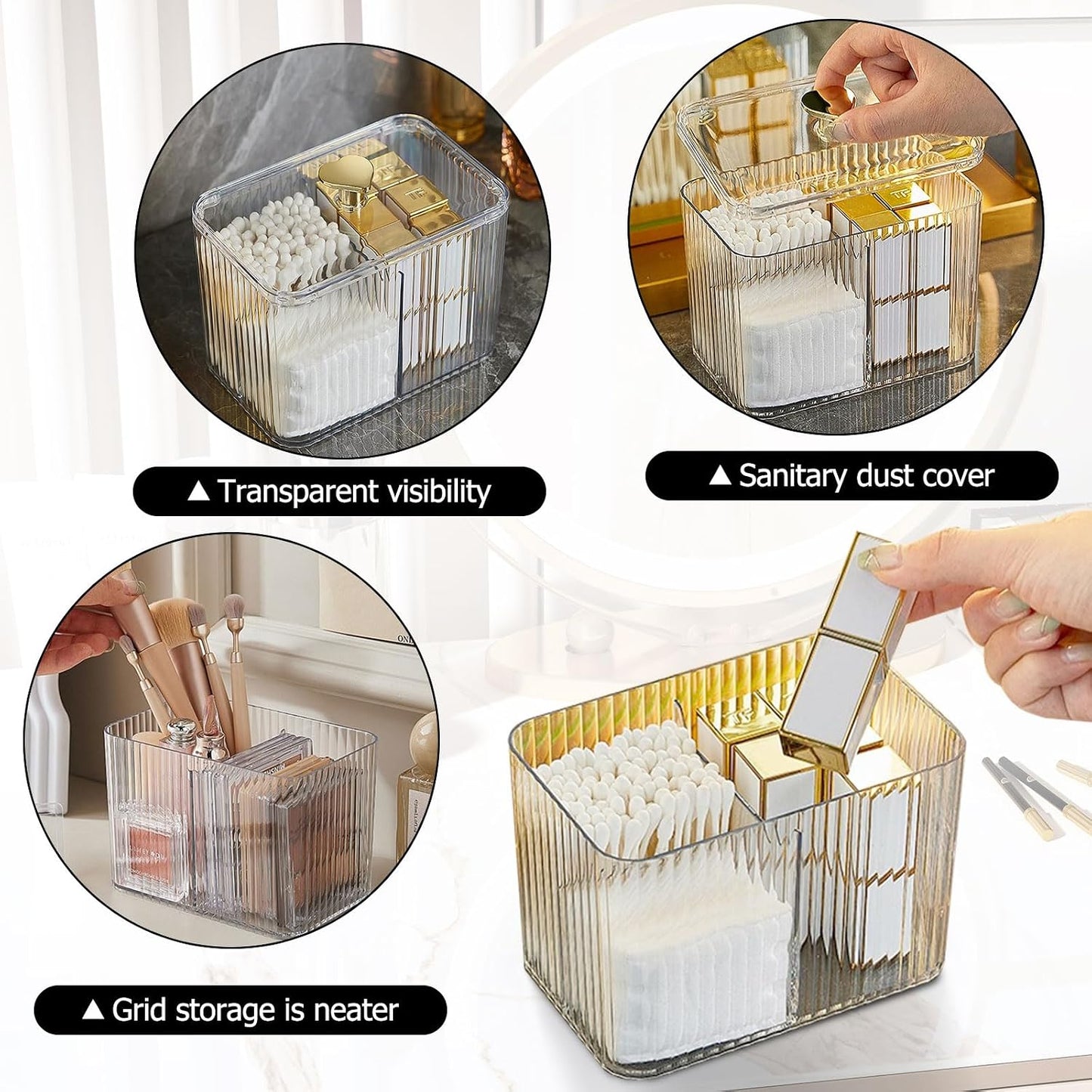 Qtips Holder Bathroom Container, 3-Section Cotton Buds Ball Dispenser, Clear Bathroom Organizer Jar, Cosmetics Storage for Vanity BST326L