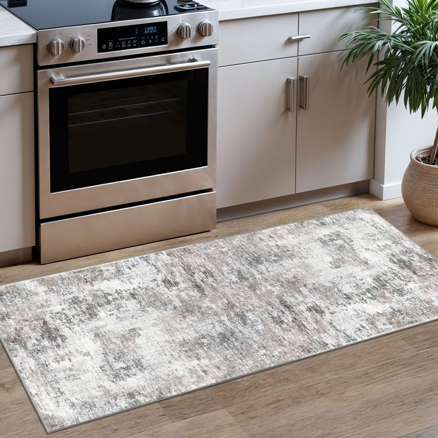 Lansny Modern Abstract Runner - 2x5, Beige Grey Washable Kitchen Entryway Rug Mat Non-Slip Soft Neutral Hallway Rug Thin Print Faux Wool Carpet for Bedroom Laundry Room Indoor BST220