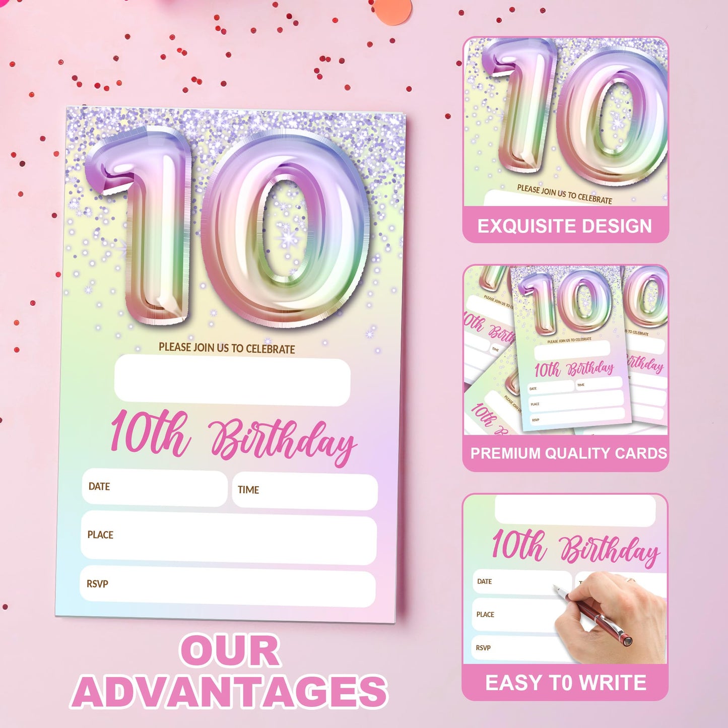 5th Birthday Invitations For Girl,Purple Glitter Birthday Invites, 20 Fill-in Rainbow Balloons Invitation Cards With Envelopes, Fifth Party Decorations 4x6 Inch-D05 WN420