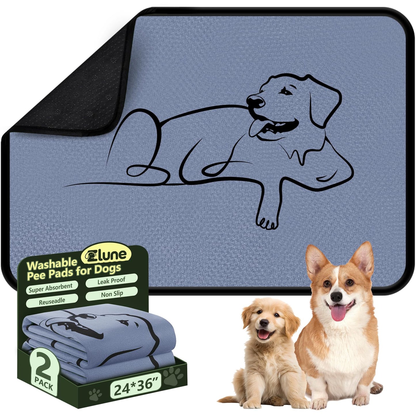 2 Pack Washable Pee Pads for Dogs 24"x24", Reusable Training Puppypads Absorbency Non-Slip & Leak-Proof for Pet Whelping Box Playpen Crate Sofa Bed Floors (Gray)