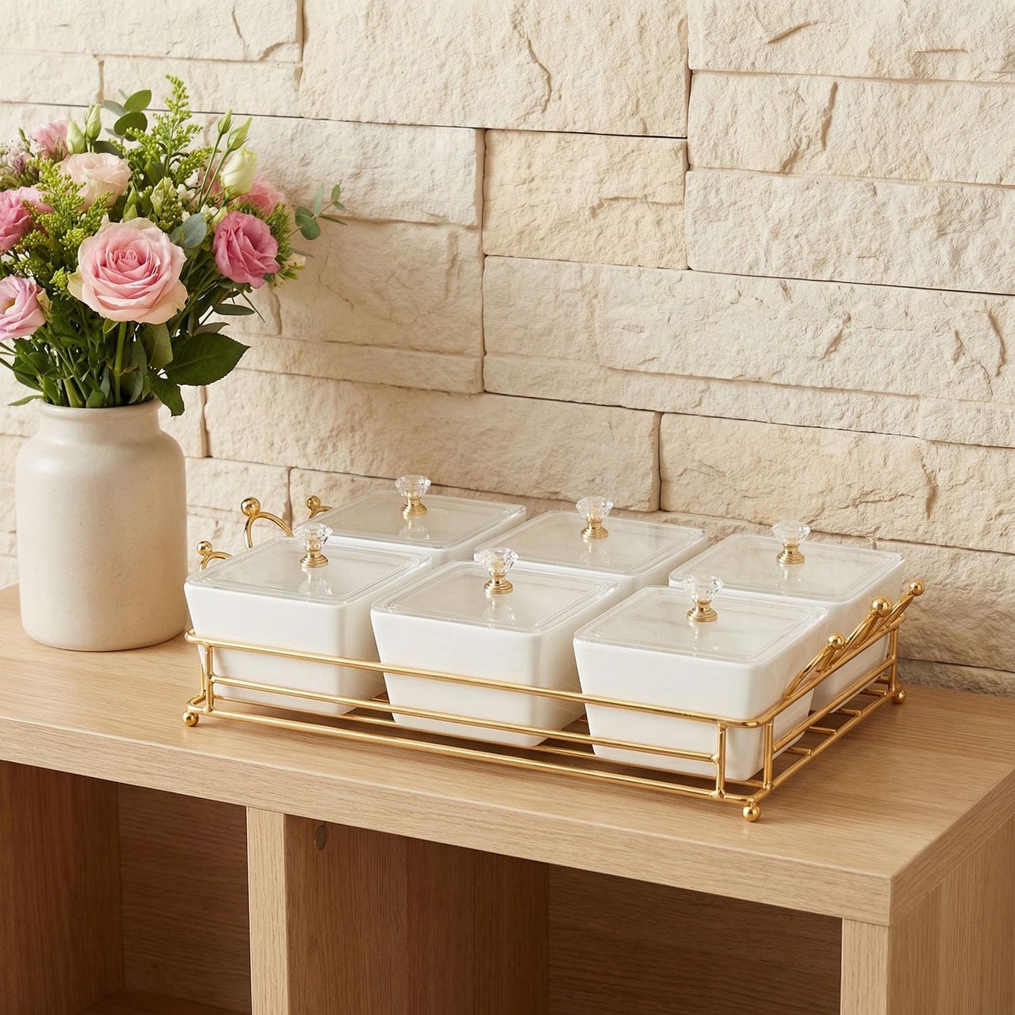 YA JU Ceramic Bowls and with Lid Gold Basket Trays, 4 Removable Small Bowls Condiment Trays Nut Serving Set for Snacks, Fruits, Candy and Condiments - Great for Parties, Holiday Gifts,White BST202