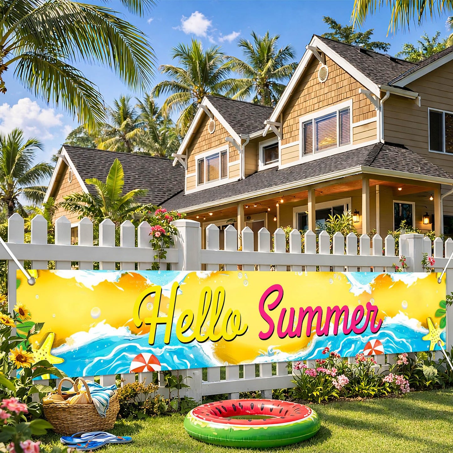 BlissYard Hello Summer Banner 118 x 20 Inch Pool Party Decorations Beach Surfboard Watermelon Tropical Fence Sign Hawaiian Luau Outdoor Backyard Wall Decor BST220