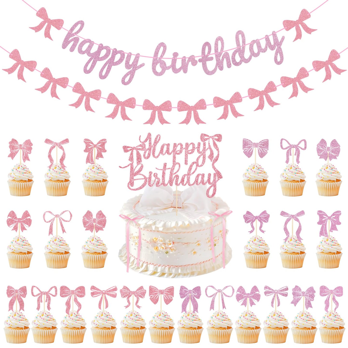 33Pcs Pink Bow Birthday Decorations Coquette Party Decorations with Happy Birthday Banner, Cake Topper, Bow Cake Decoration, Bowknot Cupcake Toppers for Bday Bridal Shower Bachelorette Valentine's Day BST220