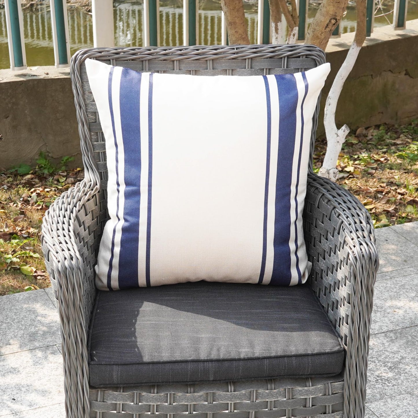 ONWAY Outdoor Pillow Covers Waterproof 18x18 Set of 2 Decorative Linen Throw Pillow Cover Beige and Black Striped Outdoor Pillows for Patio Furniture BST220