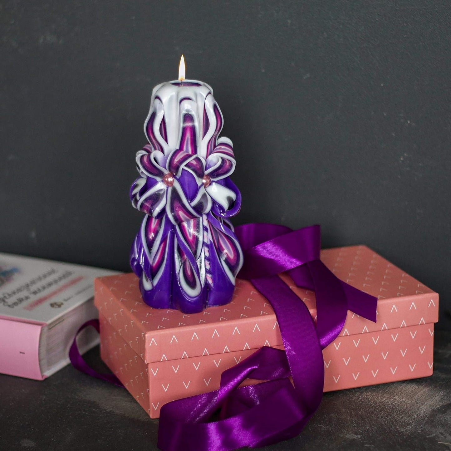 Completely Handcrafted Carved Candles by Size 6 inch - Made by 16th Century Techtology - Purple & Pink & White Hand Decorative Gift