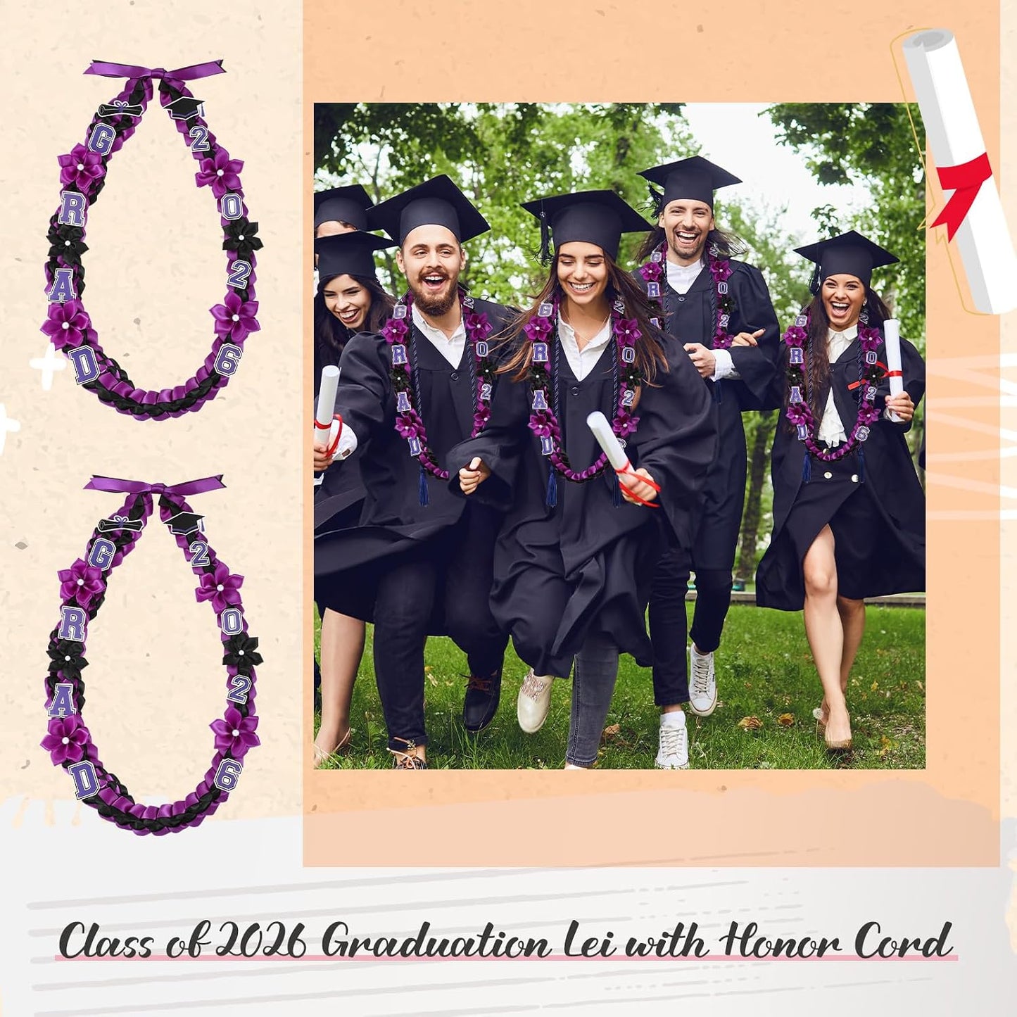 Thiccywoov Graduation Ribbon Lei Class of 2026 Grad Lei Kit Graduation Double Braided Necklace with Honor Cord for Graduate Women Men High School College Grad Party Supplies(Purple, Black) BST326H