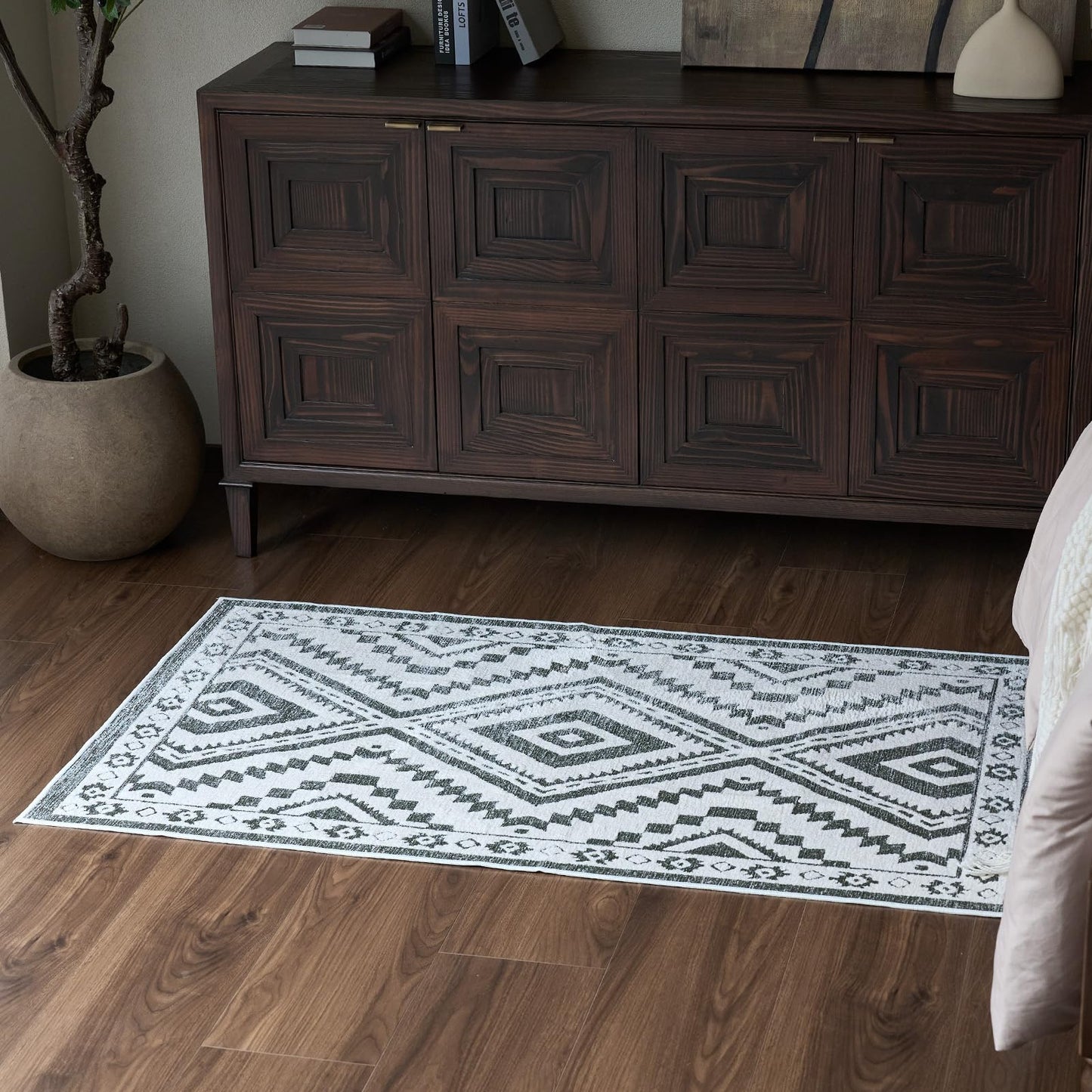 Moroccan Washable Area Rug 3x5, Geometric Tribal Decorative Woven Rug, Non-Slip Boho Farmhouse Soft Low-Pile Area Rug for Living Room Bedroom Nursery Dining Table, Dark Brown/White BST326H