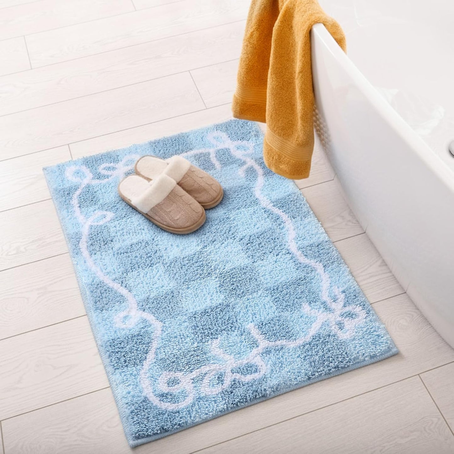 Breling Blue Checkered Bathroom Mat with Bows 16" x 26" Non Slip Blue Plaid Bath Mat Fluffy Microfiber Absorbent Bath Rug for Bathroom Floor Shower Kitchen Bedroom Home Decor BST220