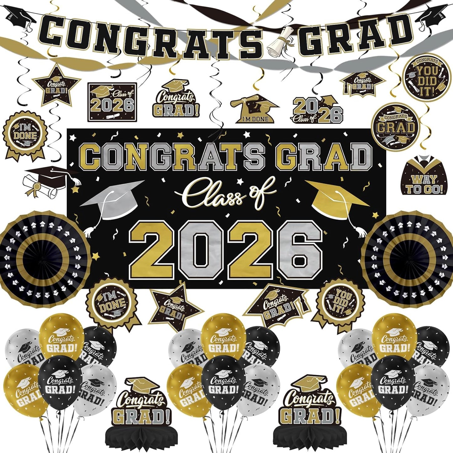Black and Gold Themed 2026 Graduation Decorations Set - Congrats Grad Banner, Class of 2026 Backdrop, Balloons & Streamers Kit - Graduation Party Supplies for High School & College Celebrations BST326H