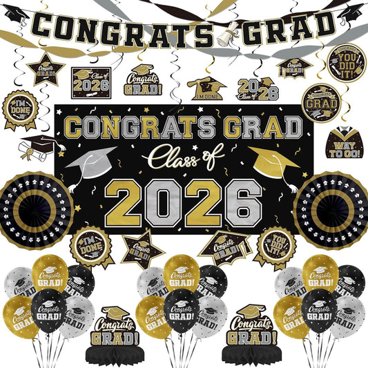 Black and Gold Themed 2026 Graduation Decorations Set - Congrats Grad Banner, Class of 2026 Backdrop, Balloons & Streamers Kit - Graduation Party Supplies for High School & College Celebrations BST326H