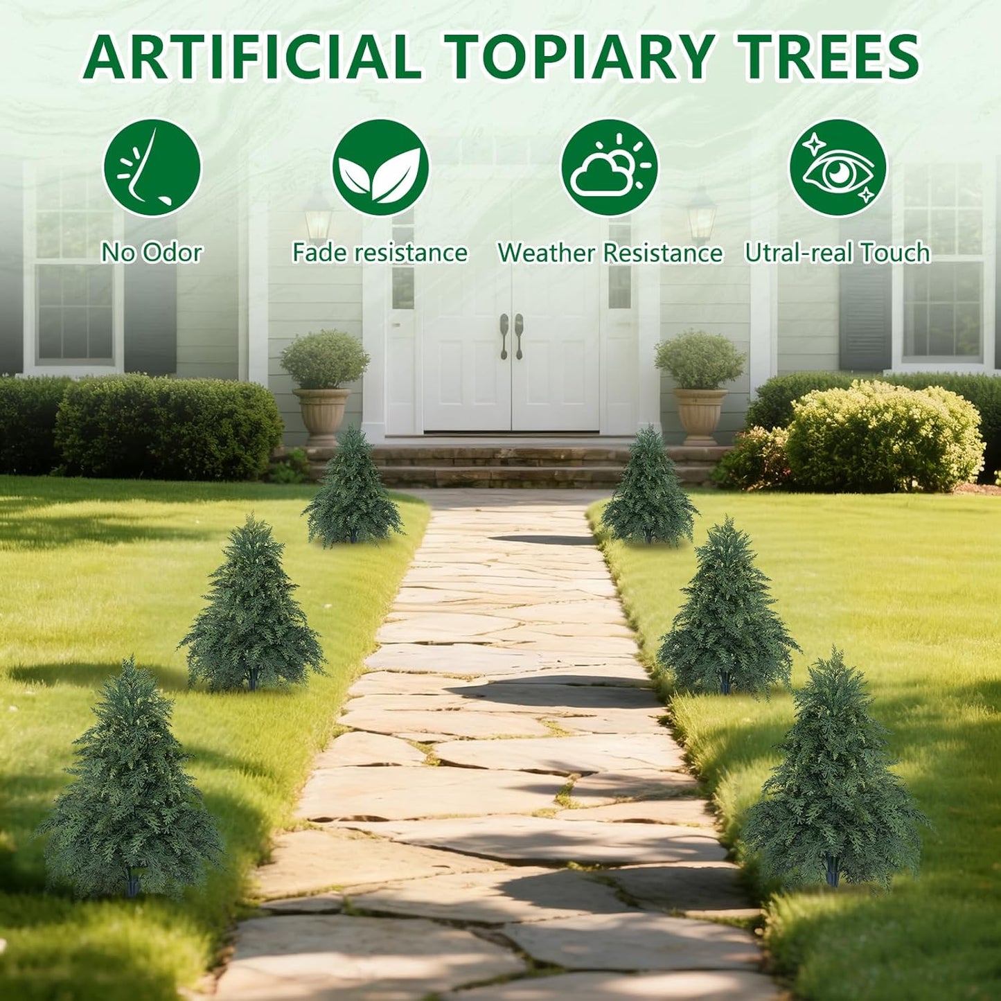 Artificial Cypress Topiary Cedar Trees with Ground Spike, 2 Pieces Fake Pine Shrubs Bushes, UV Resistant Faux Evergreen Tree Plants for Indoor Outdoor Planters Front Porch BST220