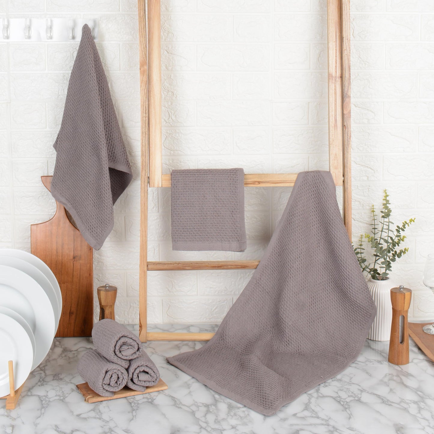 Cotton Waffle Weave Wash Cloths - Pack of 6 (12x12 Inches) | Ultra Soft, Absorbent Dish Cloths | Quick Dry, Dish Cloths & Dish Rags - Taupe/Grey (Kitchen Essentials) BST220