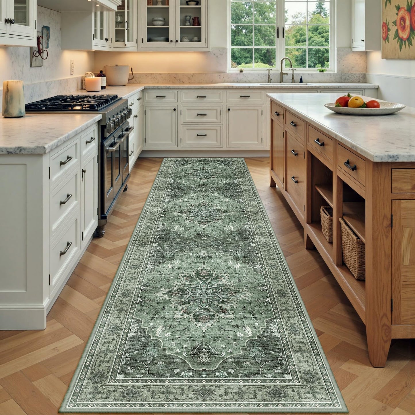 RELEANY Area Rugs Runner 2'x6' Washable Non-Slip, Floral Vintage Distress Medallion Carpet for Kitchen Hallway Bedroom Beside Laundry Room Bathroom, Teal Green Lake Blue Turquoise DD1210