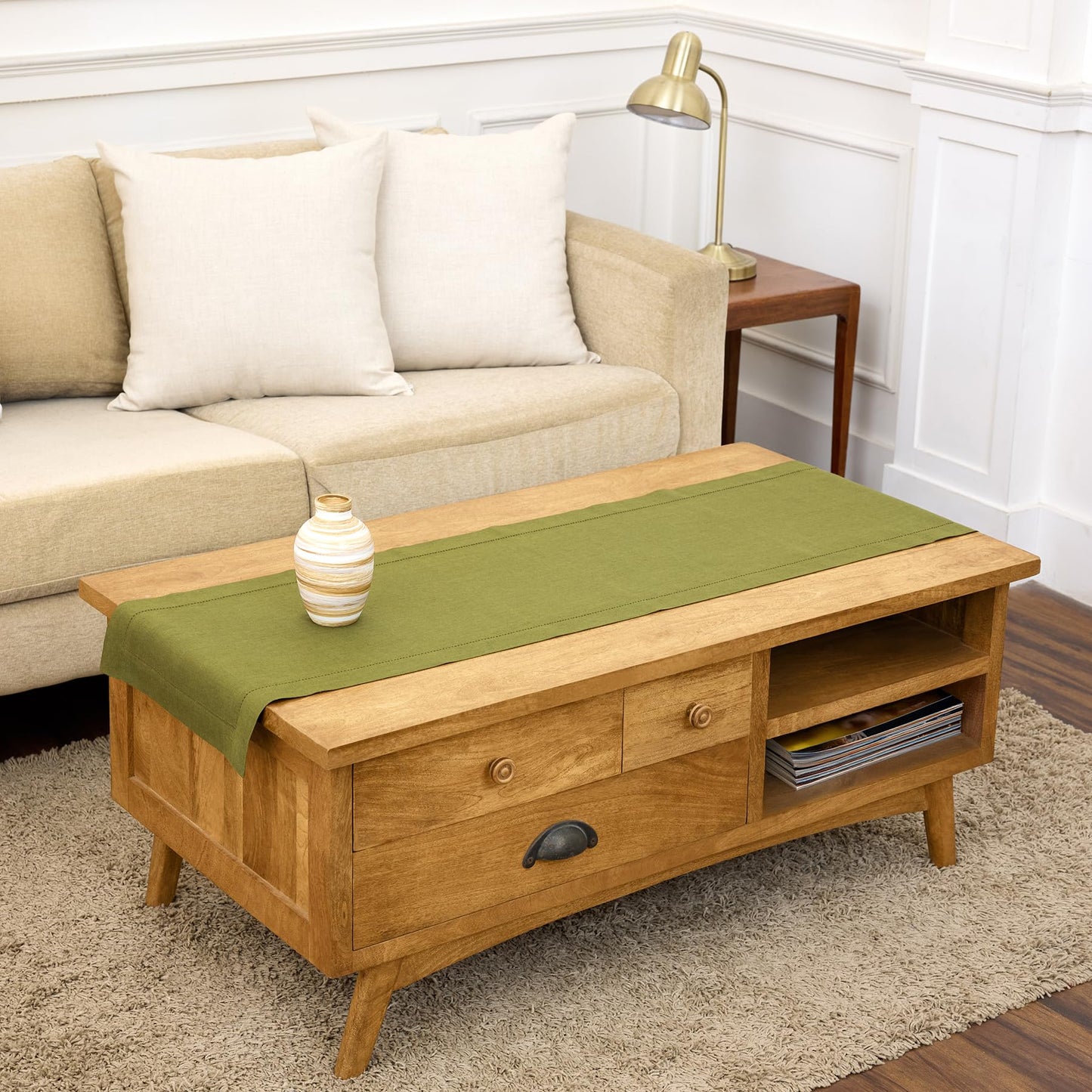 Solino Home 100% Pure Linen Table Runner Garden Green Hemstitch, 14 x 48 in | Classic Hemstitch Table Runners for dining, hallway and console table styling | hand hemstitched borders | OEKO-TEX Certified BST326SOLH