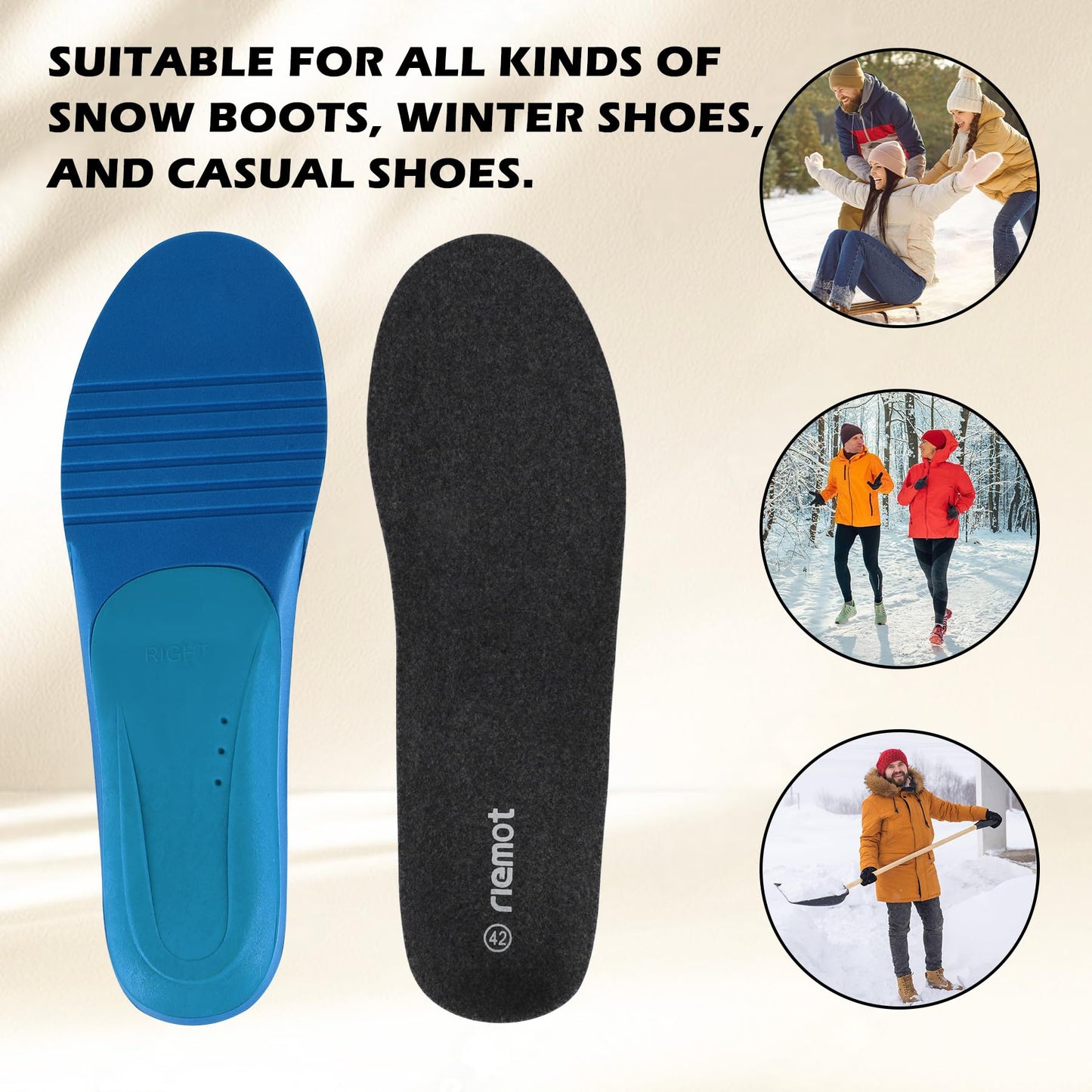 riemot Merino Wool Felt Insoles for Men Women, Cushioned Arch Support Shoe Inserts Relieve Foot Pains, Sport Insole Replacement Inserts for Boots Sneakers Grey EU 46 WN420
