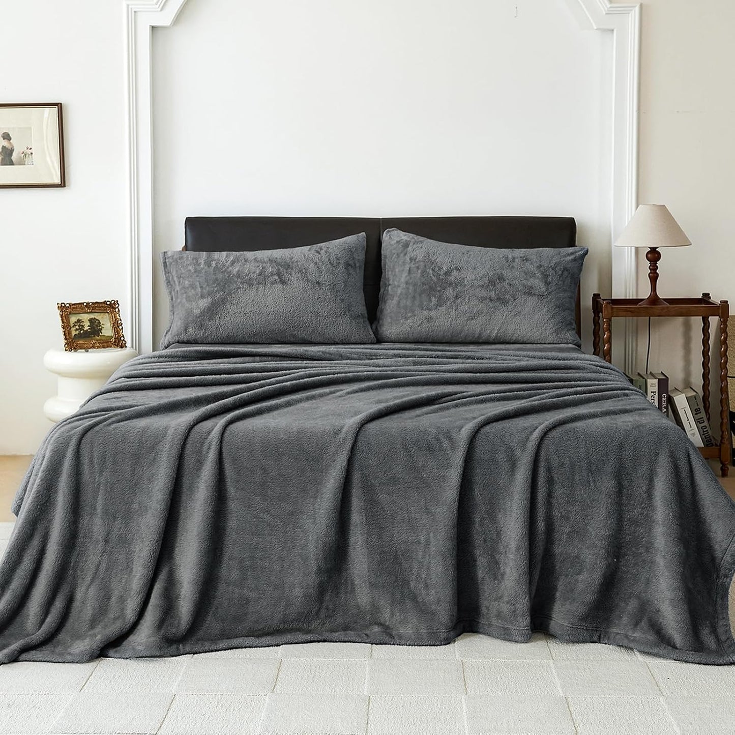 Faux Fur Queen Sheet Set, Luxury Soft Fleece Bed Sheets, Fluffy Plush Velvet Sheets Fuzzy Bedding Sheets for Fall and Winter, Cozy Warm, No Shedding, 4PC, Dark Grey BST326H