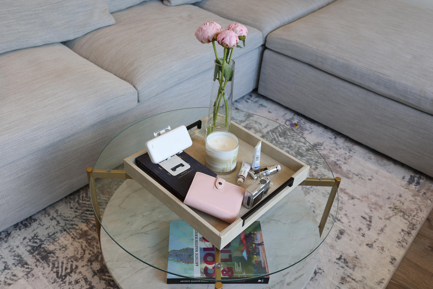 Sagala 16"x16" Ivory Shagreen Leather Serving Tray with Handles for Ottoman Coffee Table, Stylish Decorative Tray for Living Room Modern Home Decor (Ivory-Black, Square 16") BST220