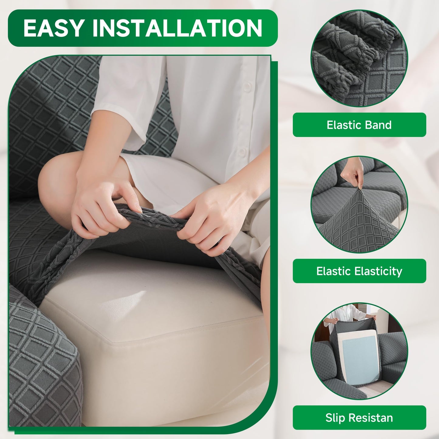 OHSIO Couch Cover, Stretch Sofa Cover, Soft Seat Cushion Covers Washable, Sectional L Shape Sofa Slipcover, Wear Stain Resistant Pet Friendly Furniture Protector for Home (1 Seat Cover L, Dark Gray) BST326H