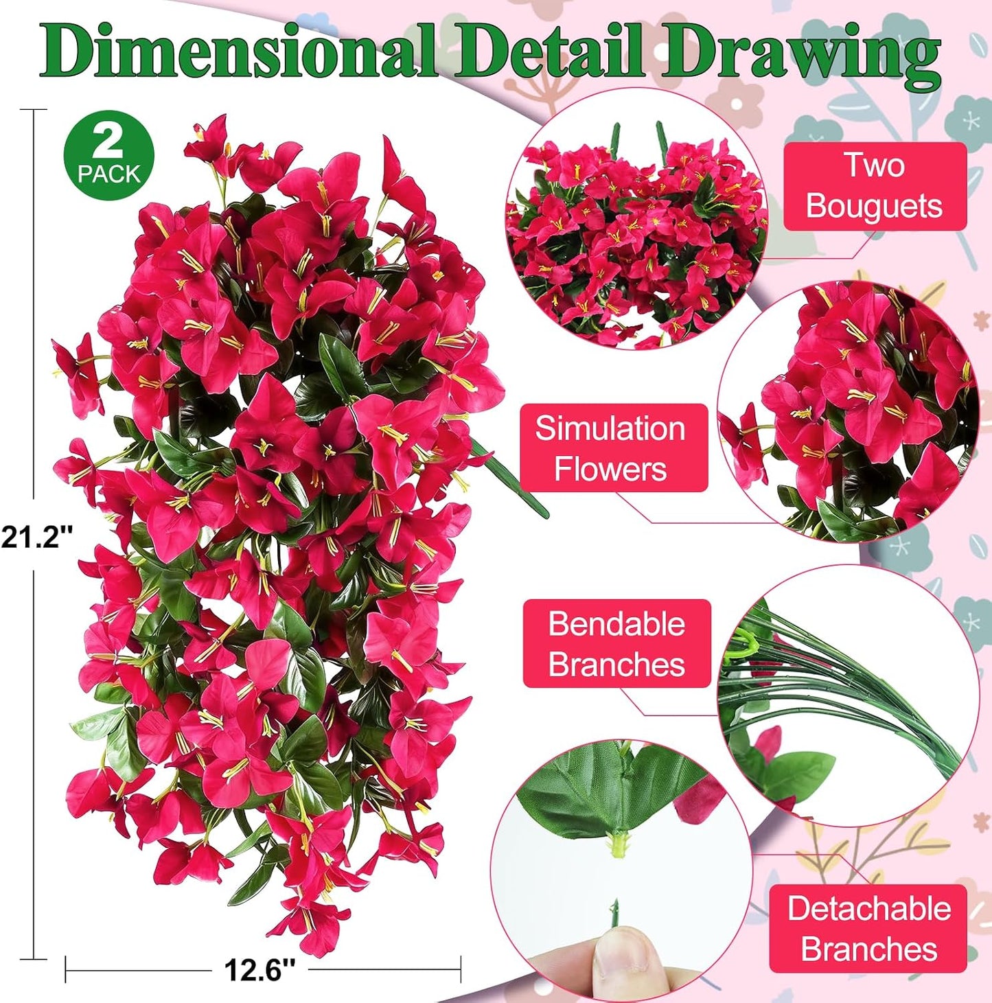 2 Pack Artificial Bougainvillea Flowers for Outdoors Decorations, Fake Hanging Plants, Faux Outside Flowers UV Resistant for Baskets Home Front Door Porch Patio Balcony Yard(Hot Pink) BST202