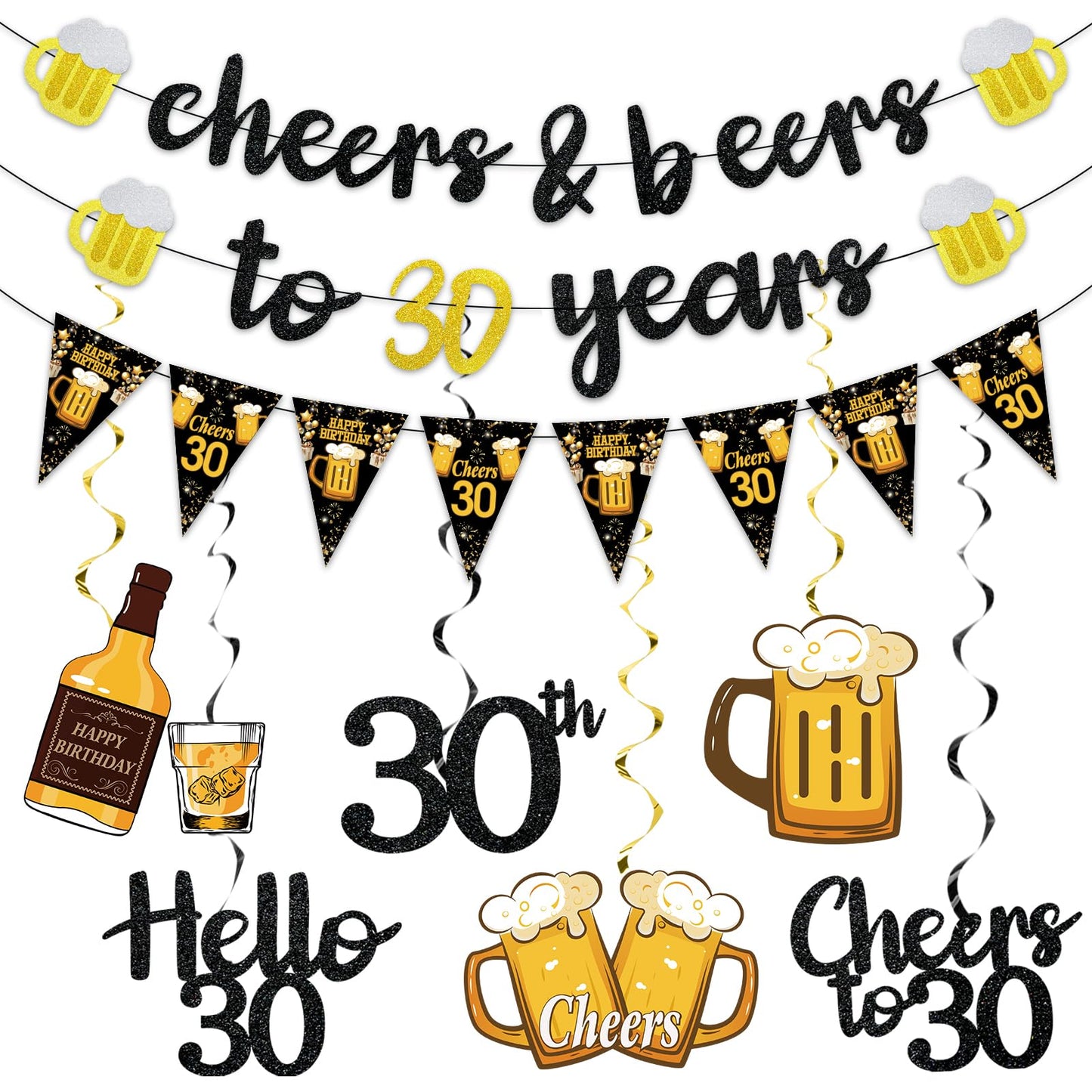 Black Gold 90th Birthday Decorations for Men Women, Glitter Pre-Strung Cheers to 90 Years Banner Hello 90 Hanging Swirls Paper Triangle Flag Banner Decorations Bday Party Supplies Kit WN420