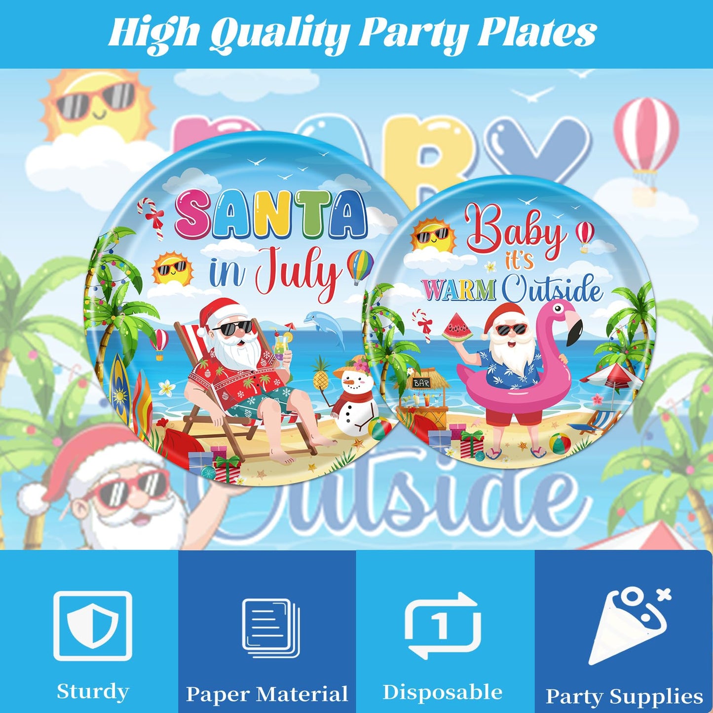 Gameza July Christmas Party Decorations Tableware, 96PCS There's Some Hohoho's in July Disposable Paper Plates and Napkins Decoration, Summer Xmas Beach Forks Decor Supplies Serves 24 BST220