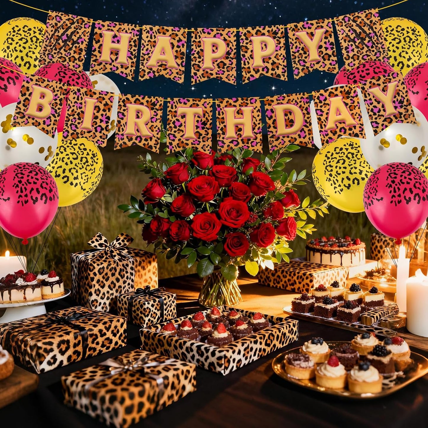Cheetah Print Birthday Decorations, Pink Gold Leopard Happy Birthday Banner with Balloons for Girls Women Safari Animal Theme Party Celebration Decor Supplies WN420