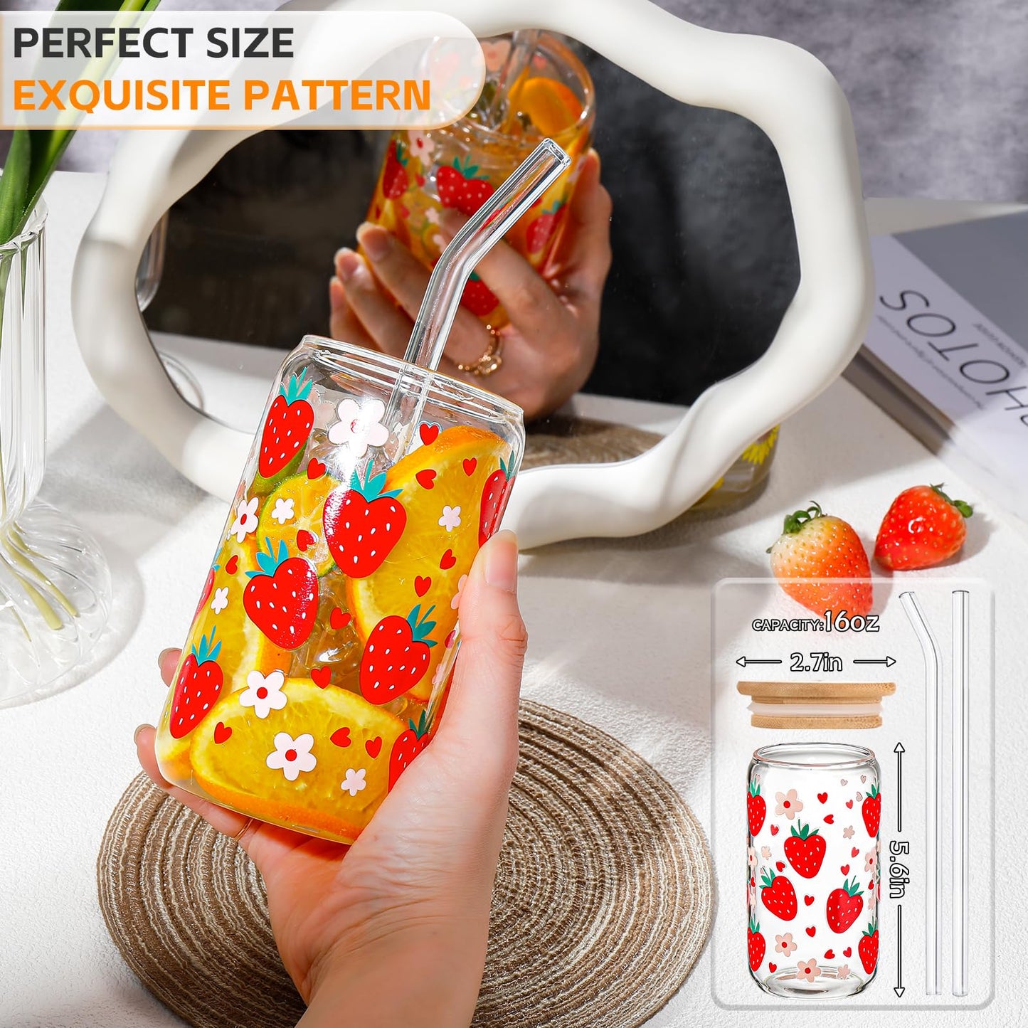 DWTS DANWEITESI Glass Cups “20oz”,Glass Cups with Lids and Straws 4 pcs-Coffee Cups,Drinking Glasses Set,Glass Tumbler with Straw and Lid Gift 2 Cleaning Brushes 600ml BST202