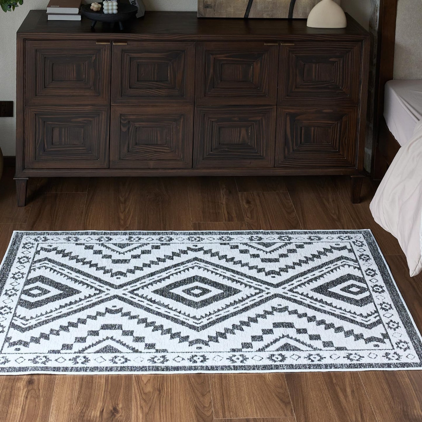 Moroccan Washable Area Rug 3x5, Geometric Tribal Decorative Woven Rug, Non-Slip Boho Farmhouse Soft Low-Pile Area Rug for Living Room Bedroom Nursery Dining Table, Dark Brown/White BST326H