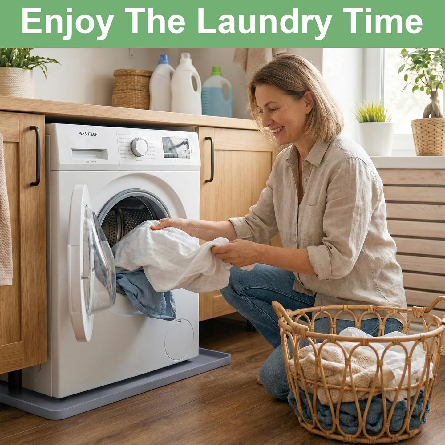 27 x 27 Inch Washing Machine Drain Pan, Silicone Washer Pan, Grey | 2cm Raised Waterproof Edge, Washer and Dryer Mat for Floor Protection, Fits Compact Washers Up to 3.5 Cu.Ft. BST220