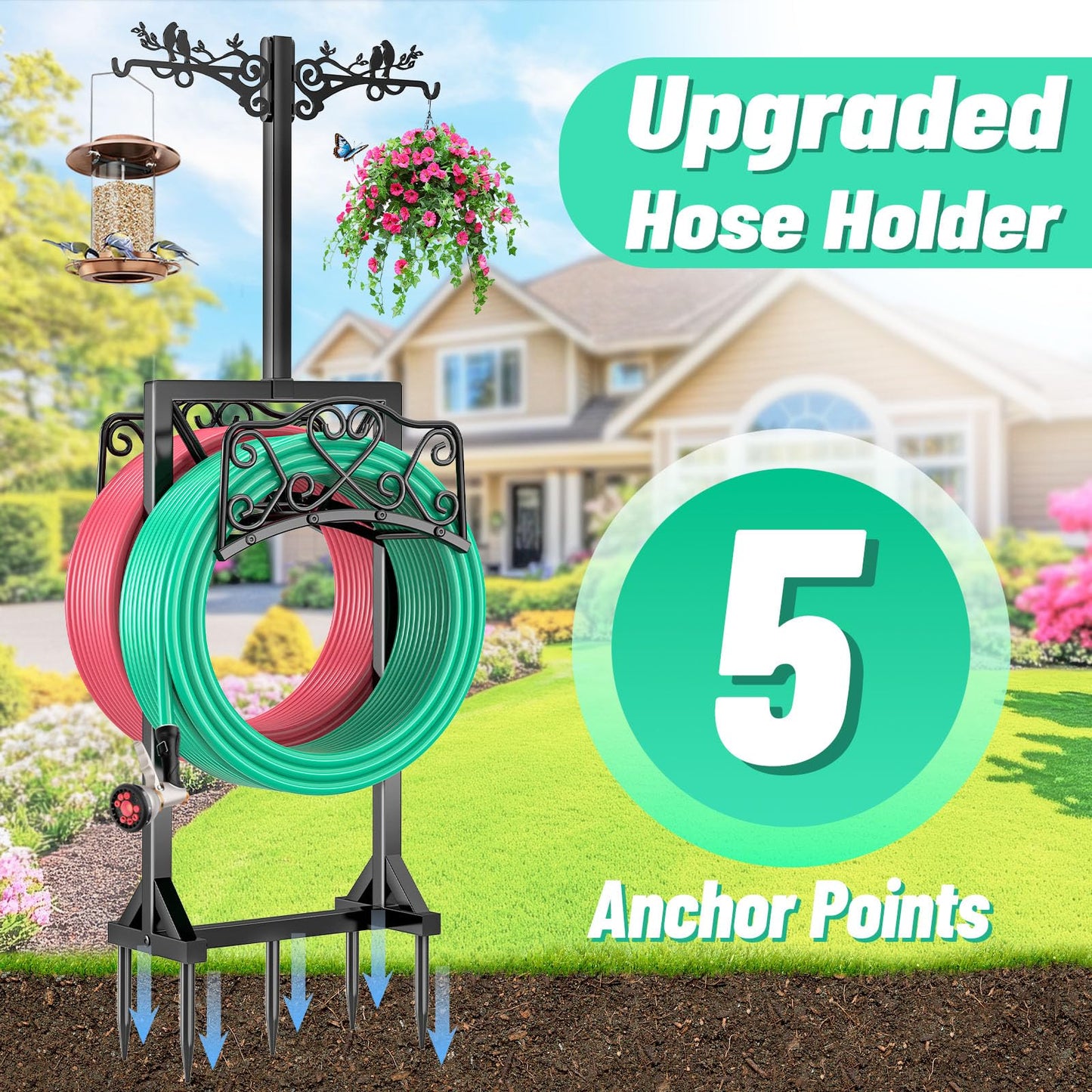 Garden Hose Holder, Freedstanding Heavy Duty Garden Water Hose Holder Stand with 2 Shepherds Hooks, Detachable Metal Hose Storage Hanger Rack for Outside Yard Lawn Farm DD1210