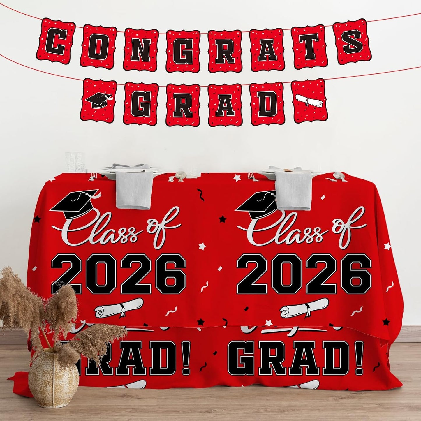 Gatherfun 2026 Graduation Decorations : 2-Pack Congrats Grad Disposable Tablecovers - Class of 2026 Red Themed Table Cloths, for Graduation Party Supplies & Graduation Backdrop, 54" X 108" BST326L