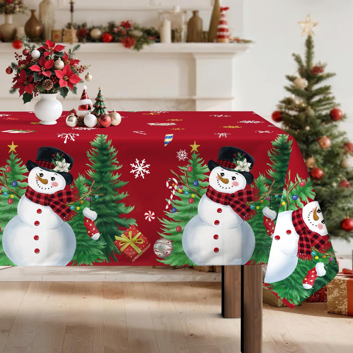 Christmas Tablecloth Waterproof, Red Snowman Snowflake Table Cloth Rectangle, Washable Table Cover for Christmas Party Home Kitchen Decoration (60×120 Inch) BST202