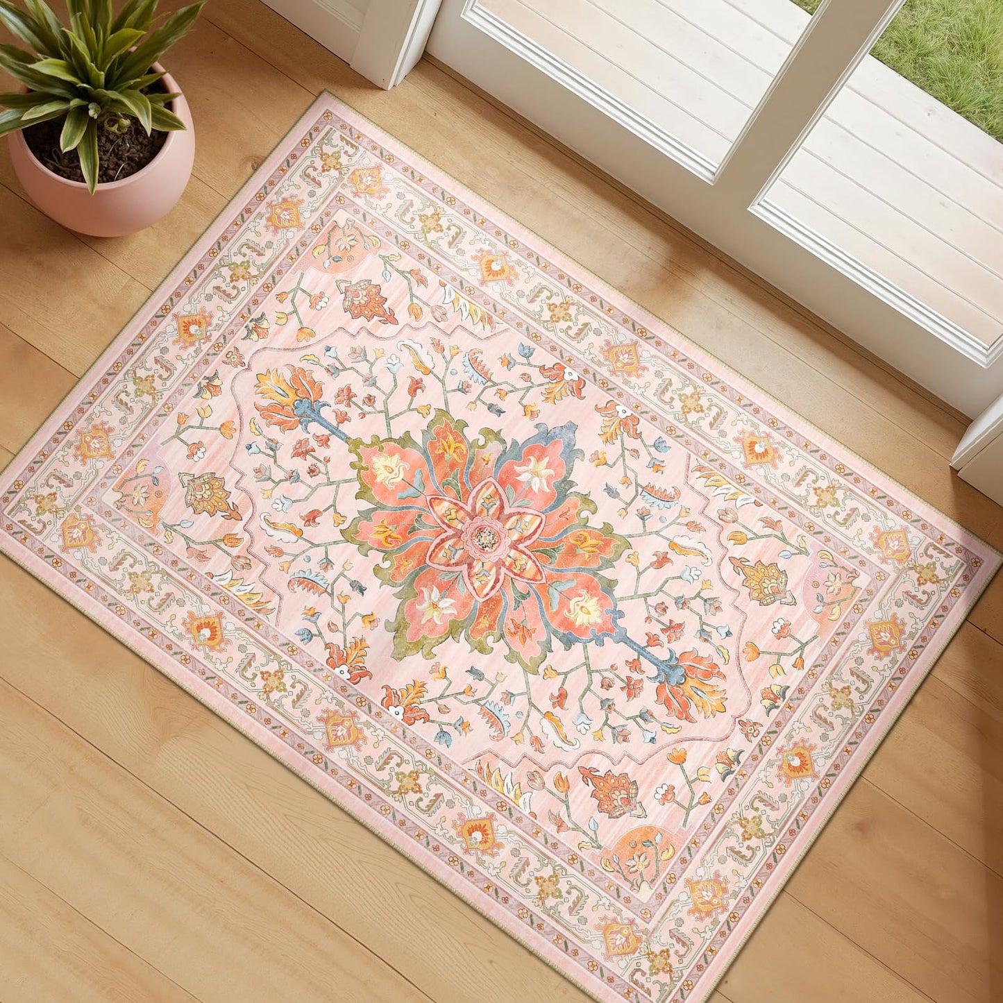 RELEANY Area Rugs Runner 2'x6' Washable Non-Slip, Floral Vintage Distress Medallion Carpet for Kitchen Hallway Bedroom Beside Laundry Room Bathroom, Teal Green Lake Blue Turquoise DD1210
