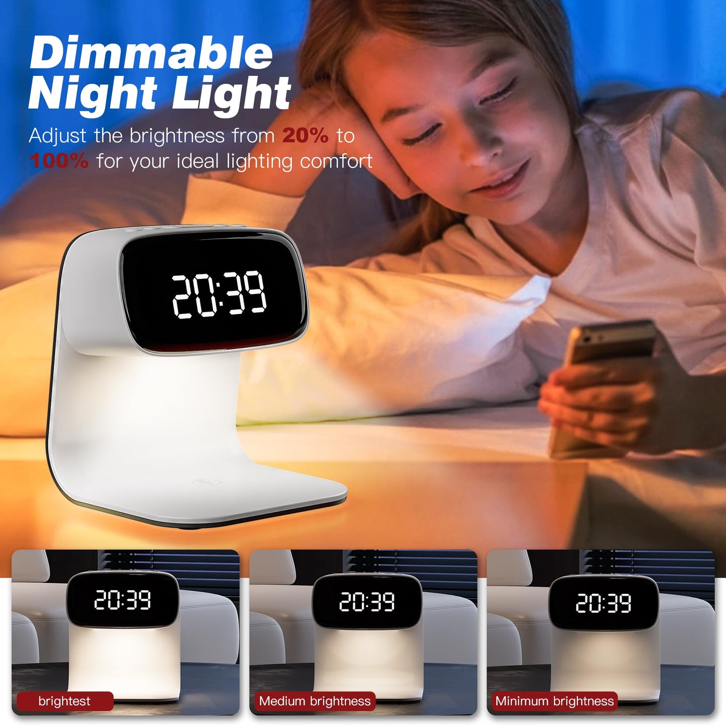 Digital Alarm Clock with Wireless Fast Charging Station 15W Touch Smart Lamp for Bedside,3 Colors Nightlight Adjustment Night Lamp for Living Room,Bedside,Heavy Sleepers (Woodgrain+Cable&Adapter) BST220