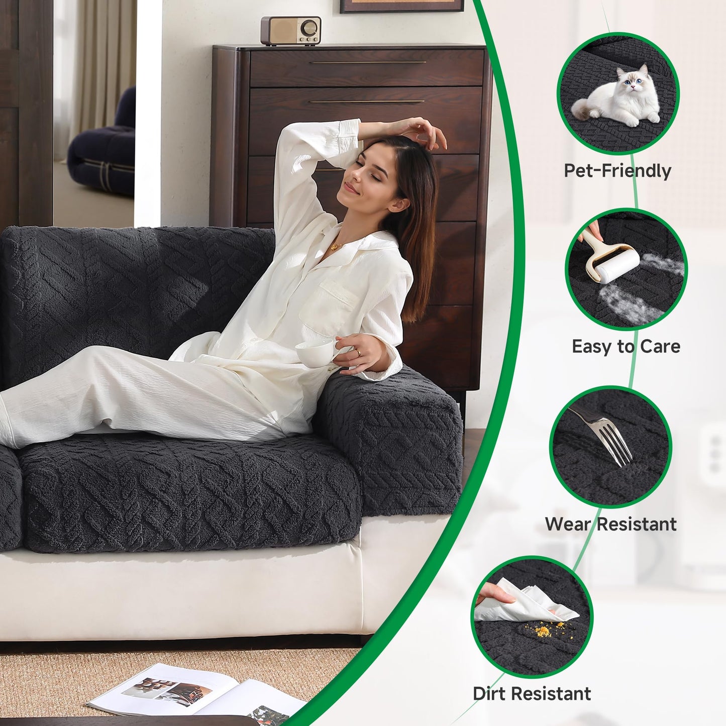 OHSIO Couch Cover, Stretch Sofa Cover, Soft Seat Cushion Covers Washable, Sectional L Shape Sofa Slipcover, Wear Stain Resistant Pet Friendly Furniture Protector for Home (1 Seat Cover L, Dark Gray) BST326H
