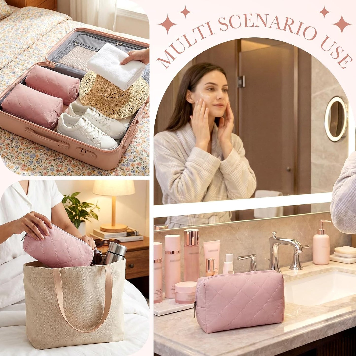 2 Pcs Puffy Makeup Bag Quilted Cosmetic Pouch for Women Cute Puffer Makeup Organizer Compact Toiletry Bags Preppy Pencil Case with Zipper Winter Gift for Women Girlfriend(Pink) WN420