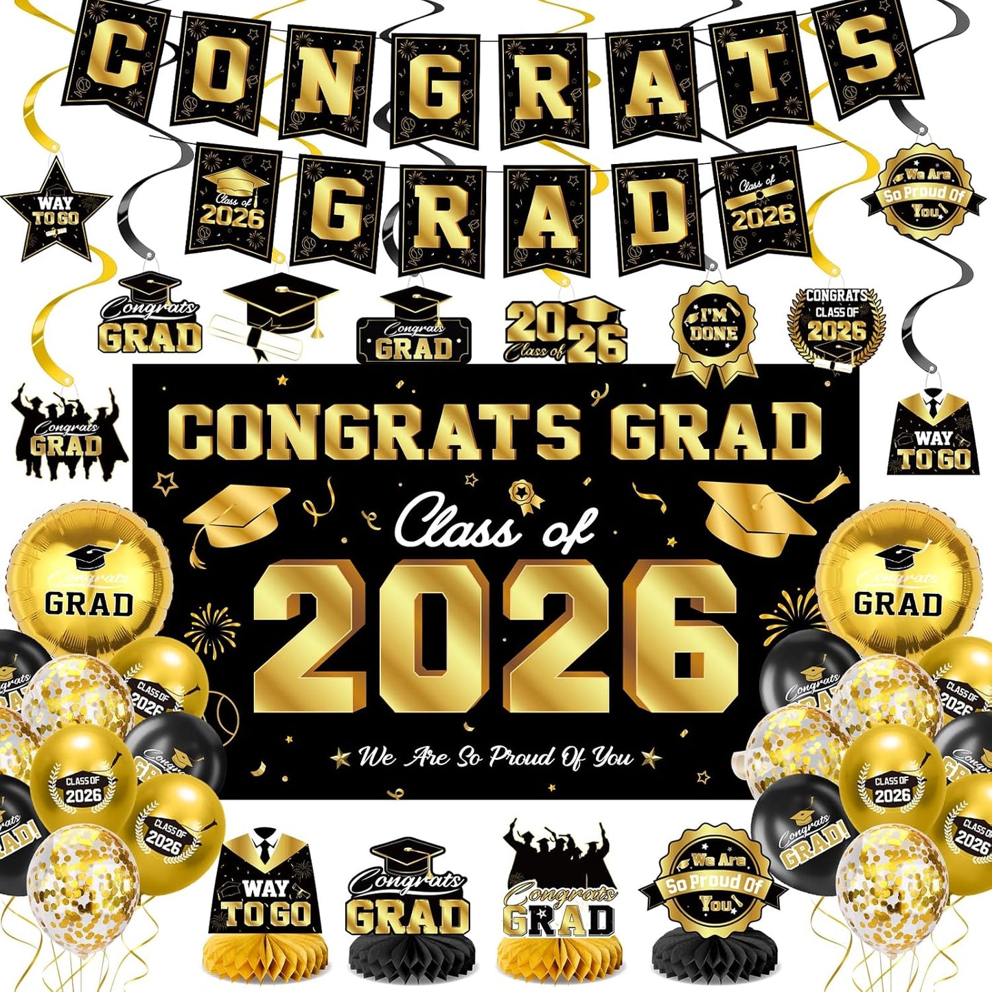 Graduation Decorations 2026-Black and Gold Graduation Party Decorations Supplies Class of 2026 with Graduation Banner, Backdrop, Balloons, Centerpieces, Hanging Swirl for Grad Party BST326H